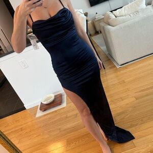 Navy blue satin style Windsor dress